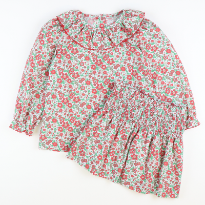 Christmas Floral Ruffle Neck Blouse