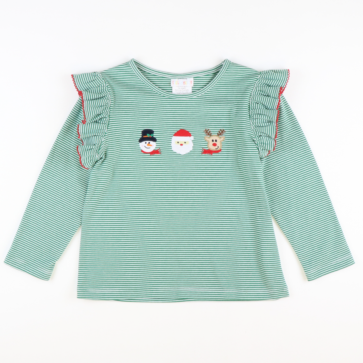 Appliquéd Christmas Friends Top - Green Micro Stripe Knit