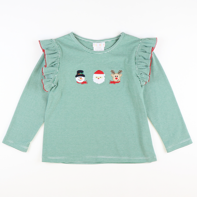 Appliquéd Christmas Friends Top - Green Micro Stripe Knit