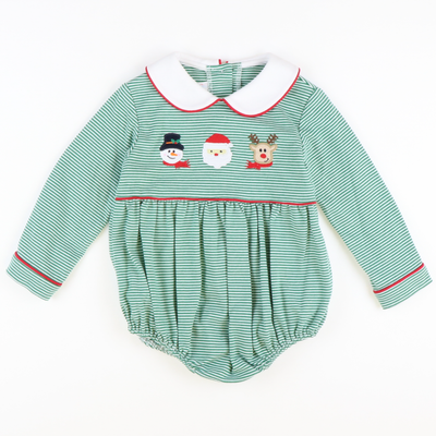Appliquéd Christmas Friends Boy Bubble - Green Micro Stripe Knit