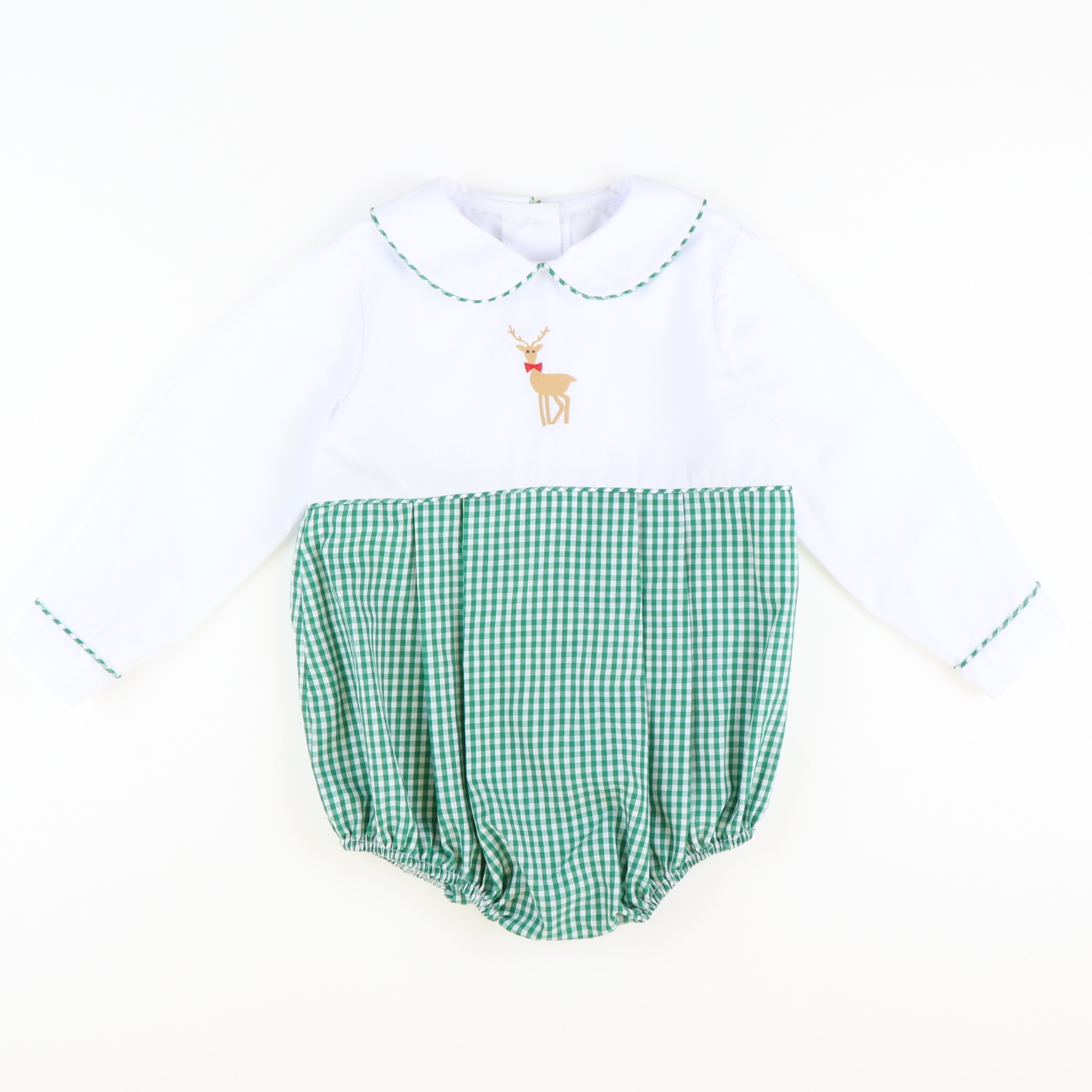 Embroidered Reindeer Boy Bubble - Christmas Green Mini Gingham