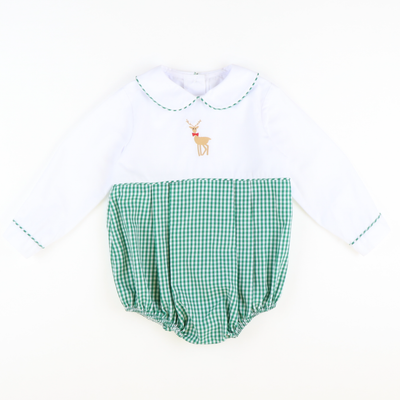 Embroidered Reindeer Boy Bubble - Christmas Green Mini Gingham