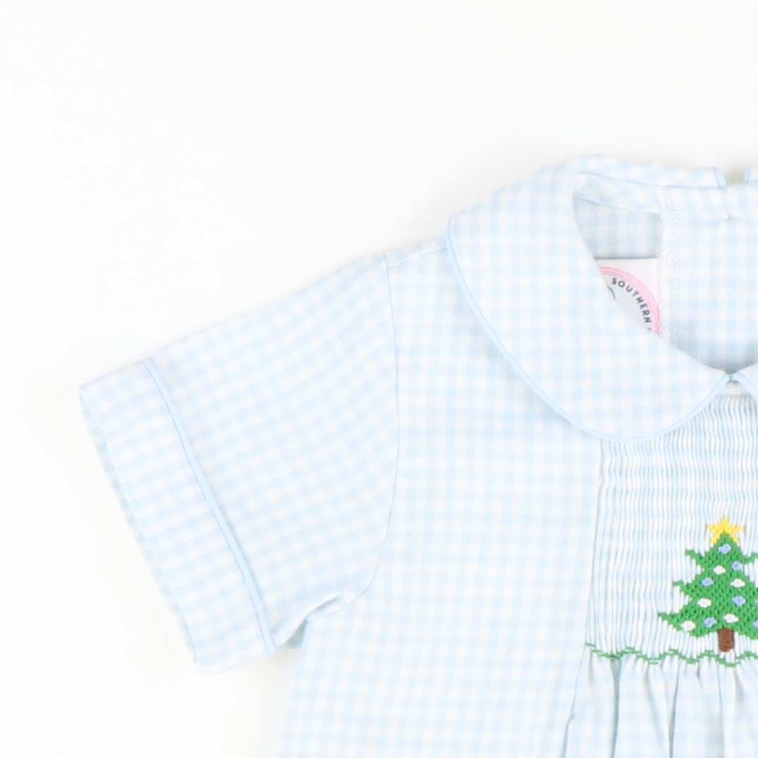 Smocked Christmas Tree Collared Boy Bubble - Light Blue Check Flannel