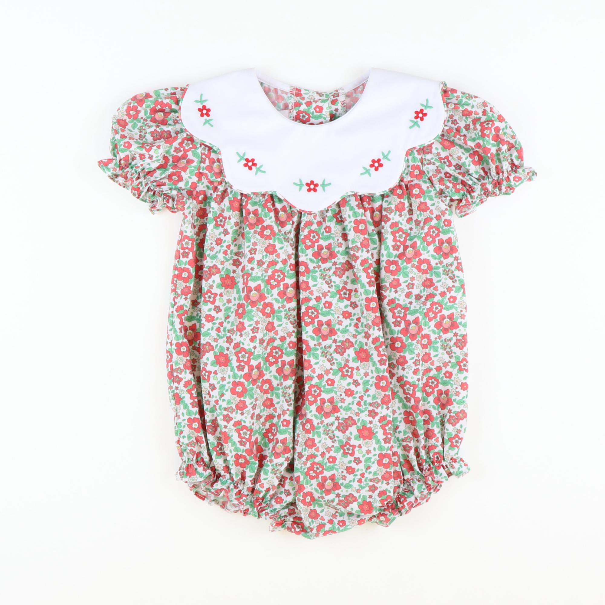 Embroidered Flowers Scalloped Collar Girl Bubble - Christmas Floral