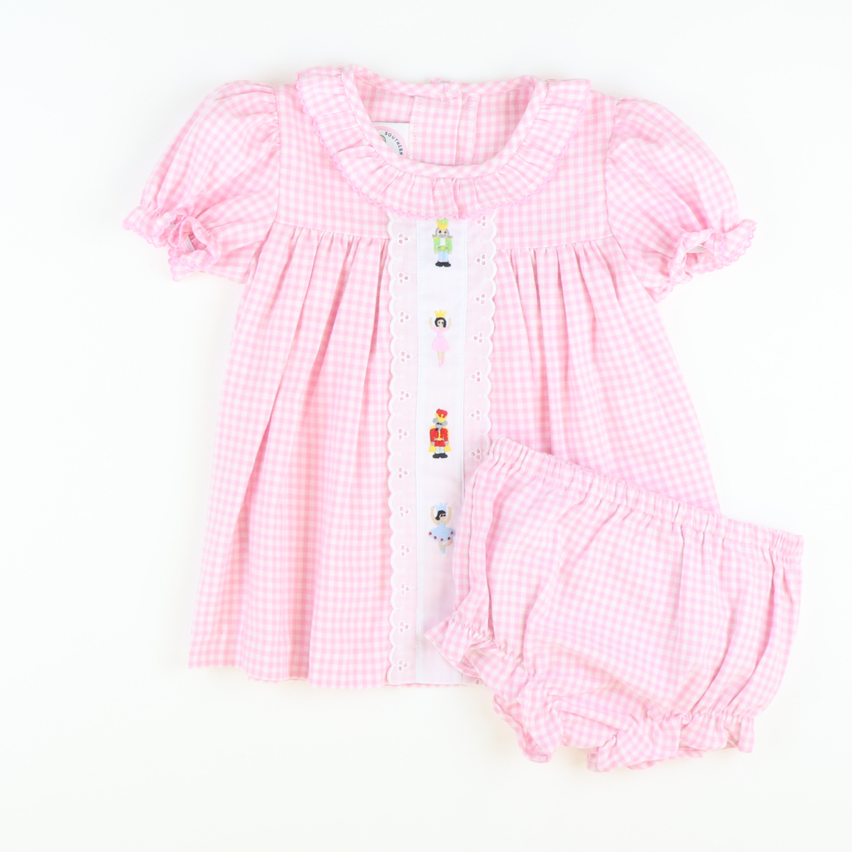 Embroidered Nutcracker Ruffle Top & Bloomer Set- Light Pink Flannel