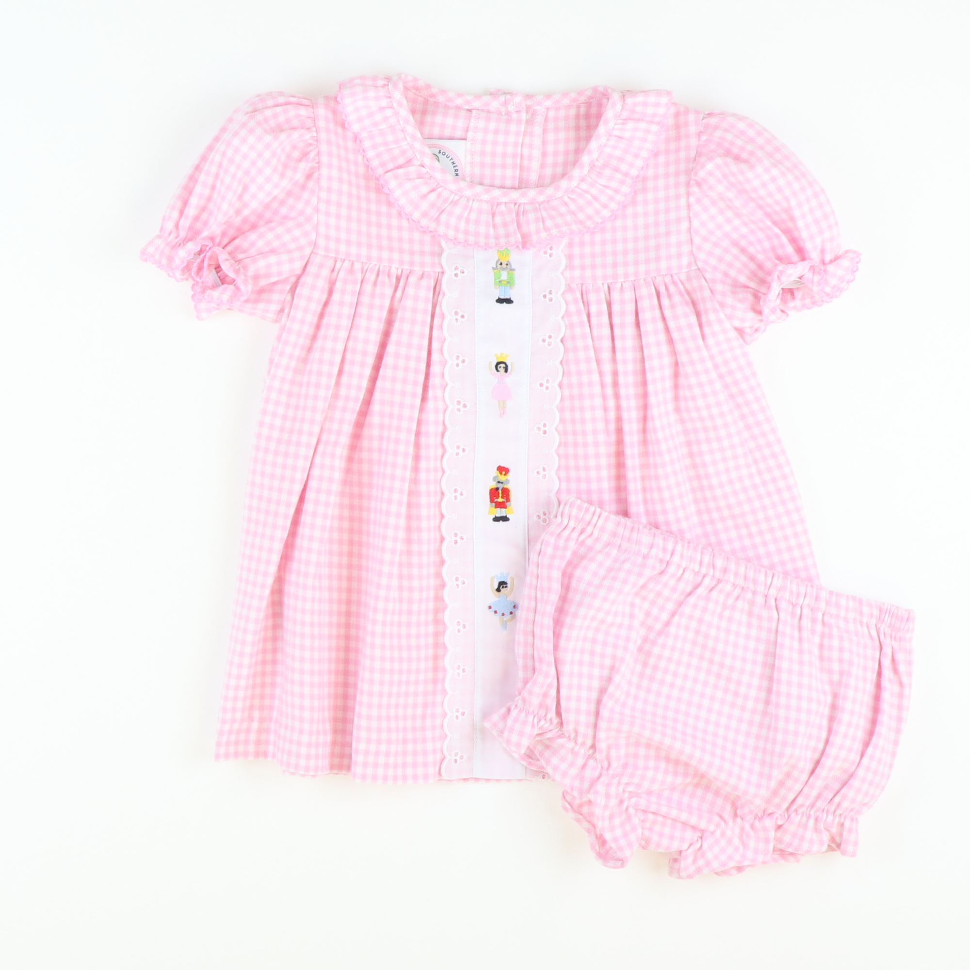 Embroidered Nutcracker Ruffle Top & Bloomer Set- Light Pink Flannel
