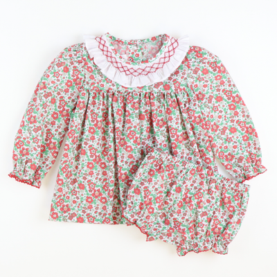 Smocked Christmas Floral Ruffle Neck Top & Bloomer Set