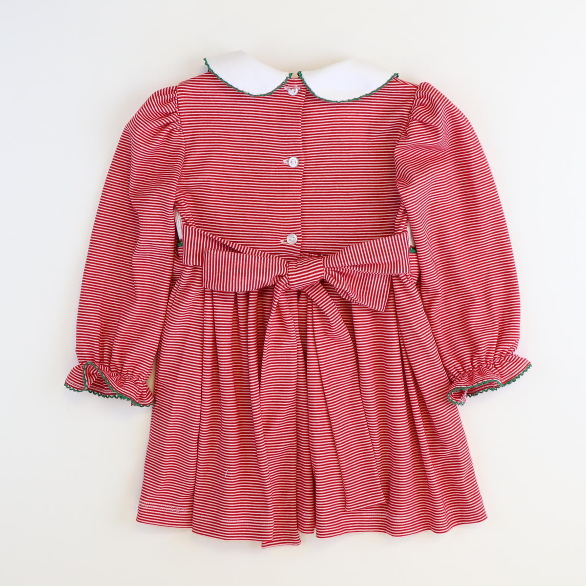 Smocked Christmas Trees Collared Dress - Red Thin Stripe Knit - Stellybelly