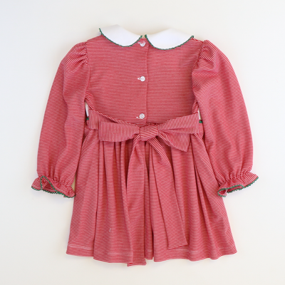 Smocked Christmas Trees Collared Dress - Red Thin Stripe Knit - Stellybelly