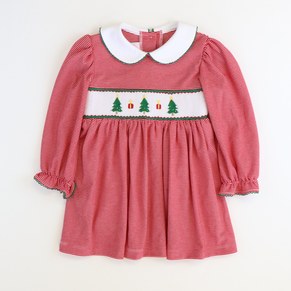 Smocked Christmas Trees Collared Dress - Red Thin Stripe Knit - Stellybelly