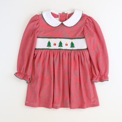 Smocked Christmas Trees Collared Dress - Red Thin Stripe Knit - Stellybelly