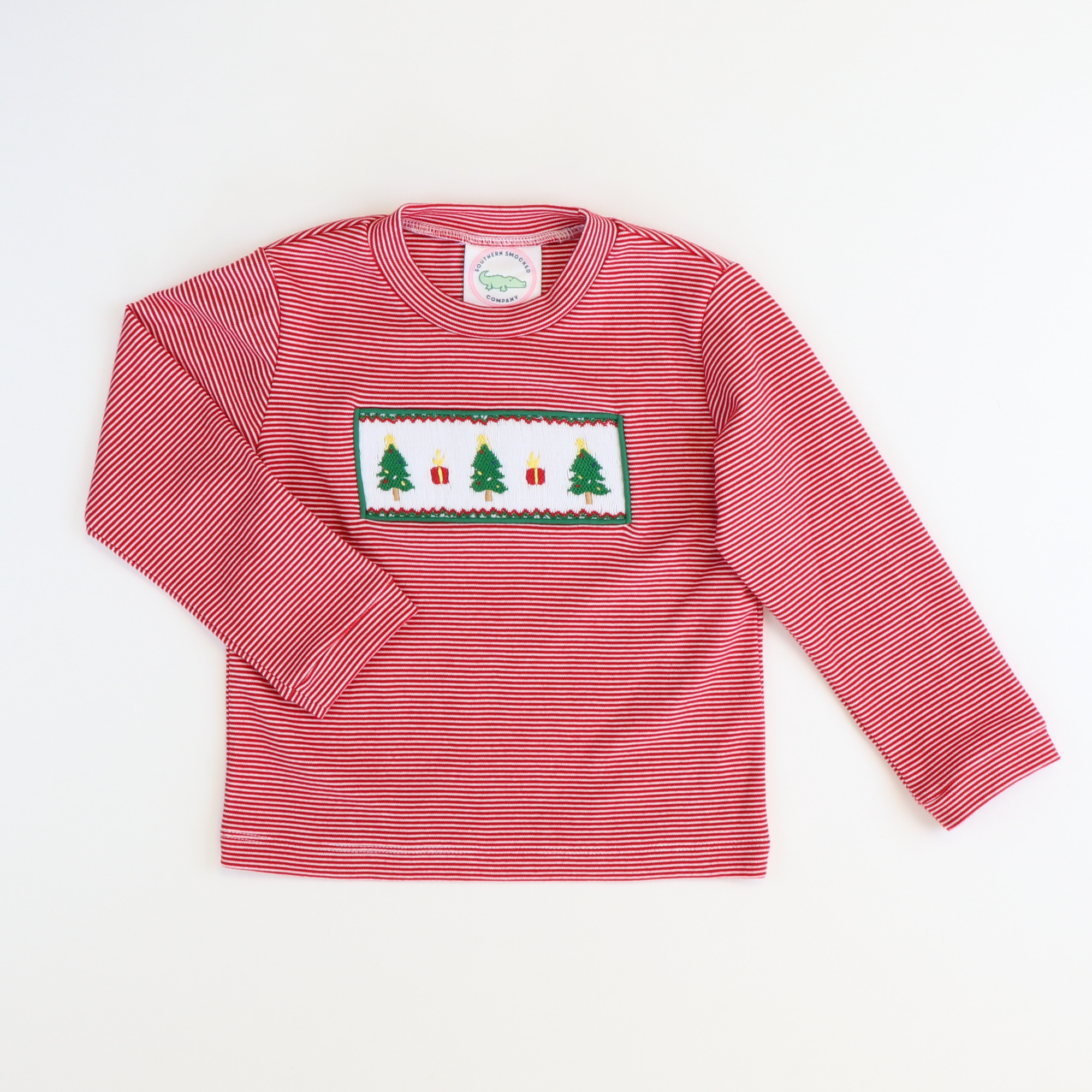 Smocked Christmas Trees & Presents Long Sleeve Shirt - Red Mini Stripe Knit