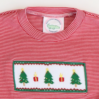 Smocked Christmas Trees Long Sleeve Shirt - Red Mini Stripe Knit