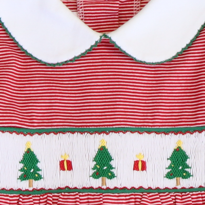 Smocked Christmas Trees Collared Dress - Red Thin Stripe Knit - Stellybelly