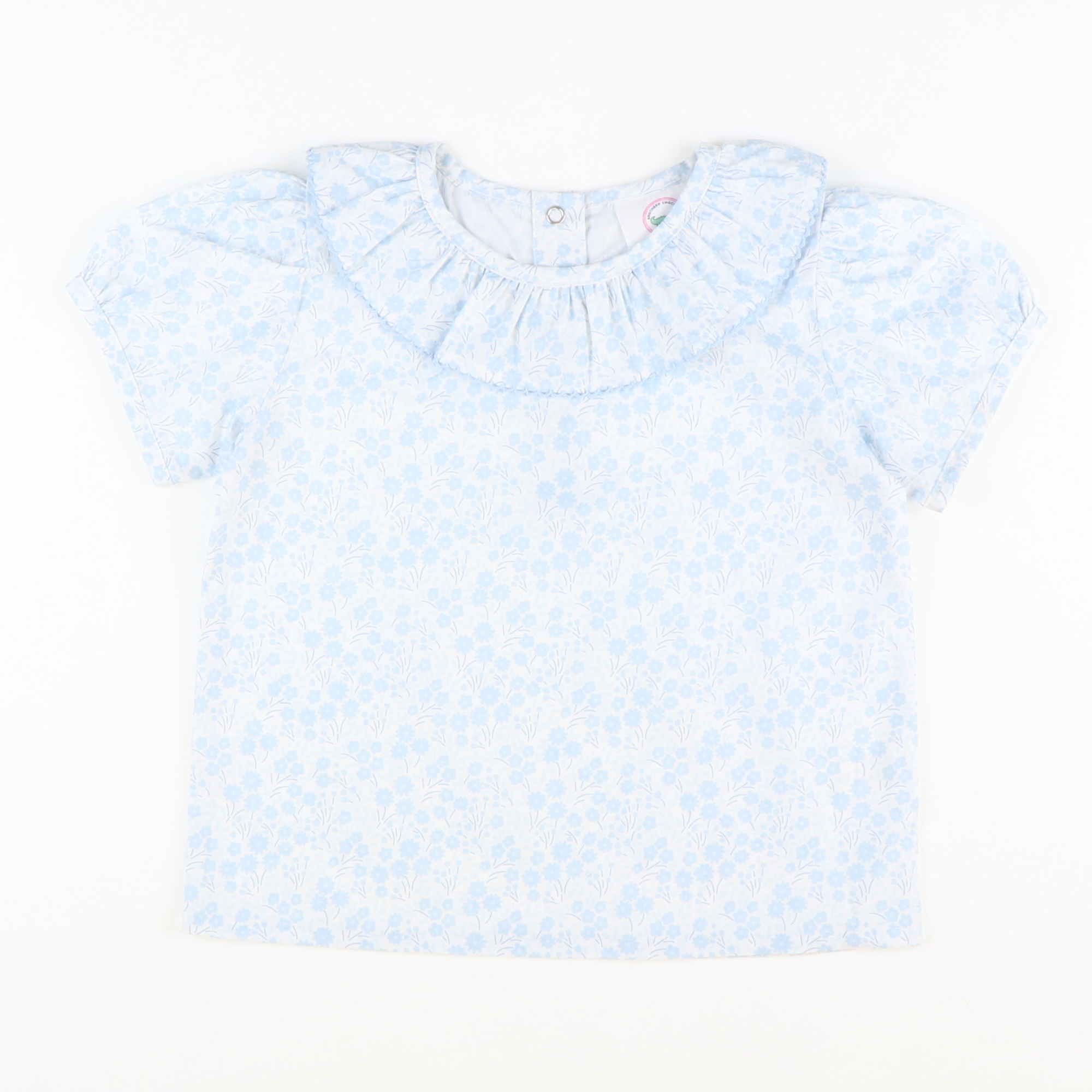 French Blue Floral Ruffle Blouse