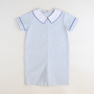 Collared Seersucker Boy Romper - Light Blue Mini Check