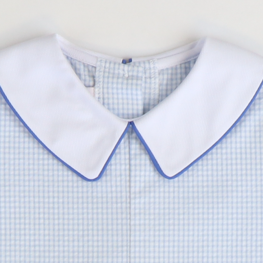 Collared Seersucker Boy Romper - Light Blue Mini Check