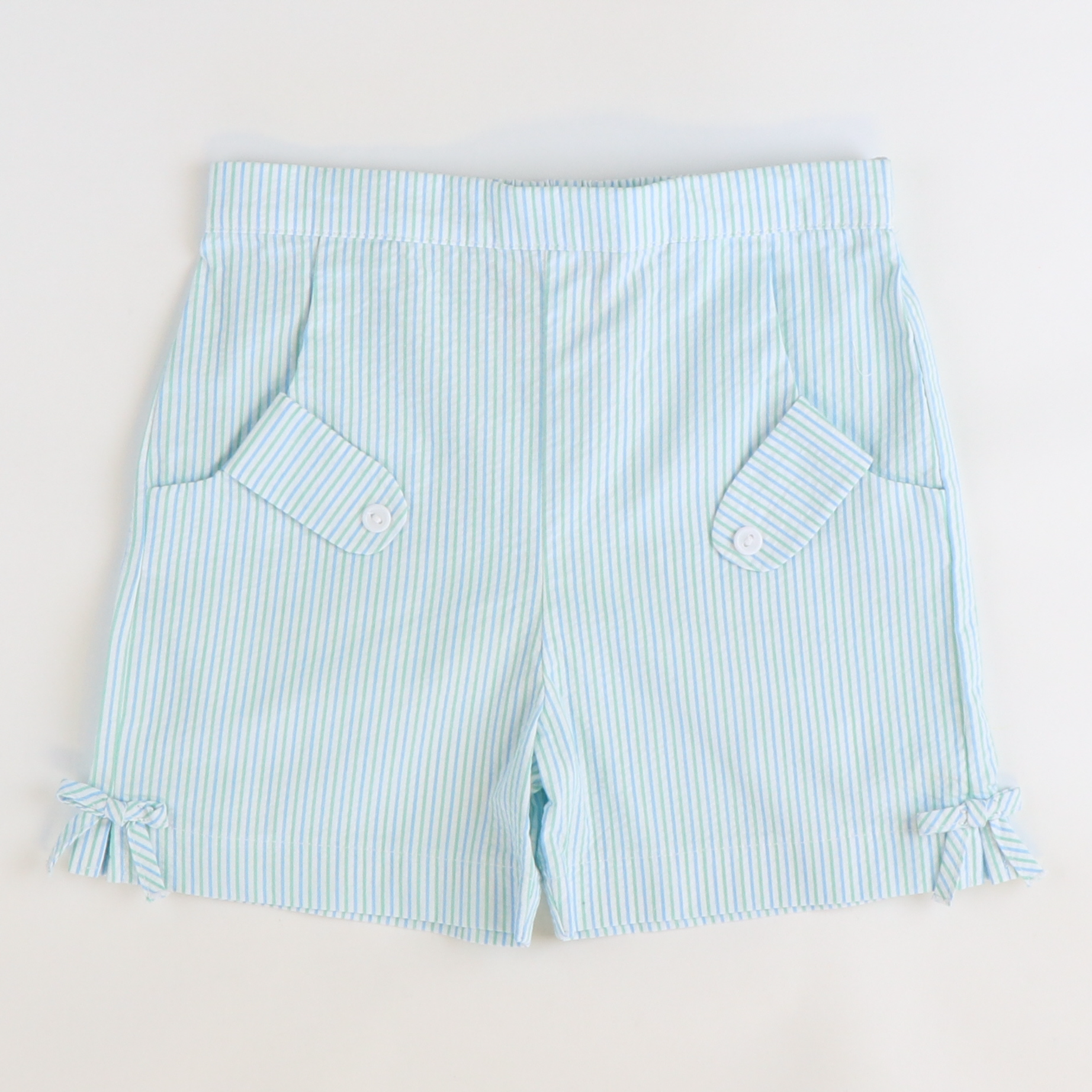 Bow Shorts - Light Blue & Mint Stripe Seersucker
