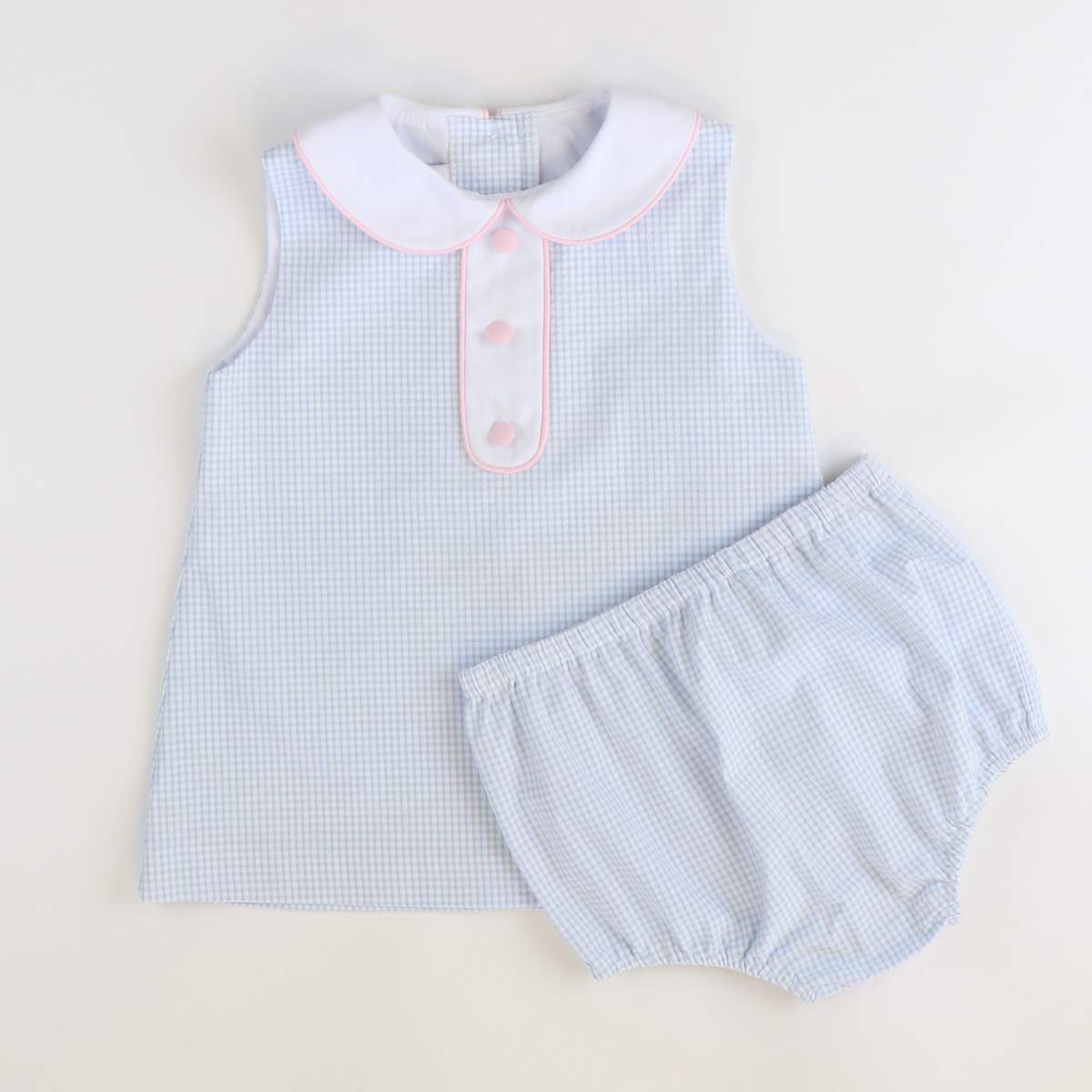 Collared Seersucker Sleeveless Top & Bloomer Set - Light Blue Mini Check