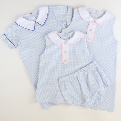 Collared Seersucker Boy Romper - Light Blue Mini Check