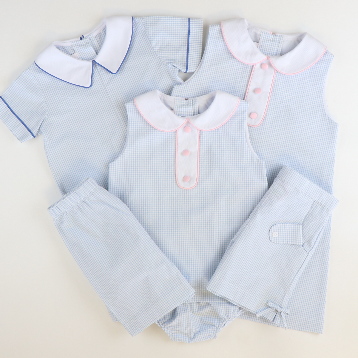 Collared Seersucker Sleeveless Top & Bloomer Set - Light Blue Mini Check
