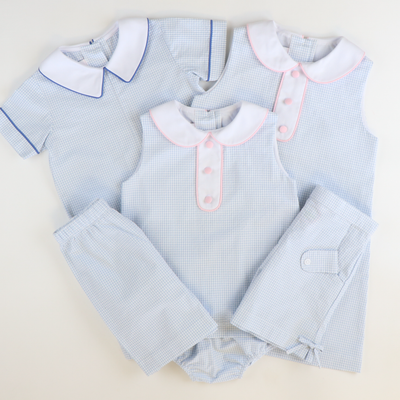 Collared Seersucker Sleeveless Top & Bloomer Set - Light Blue Mini Check
