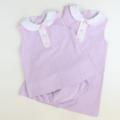 Collared Seersucker Sleeveless Dress - Lavender Mini Check
