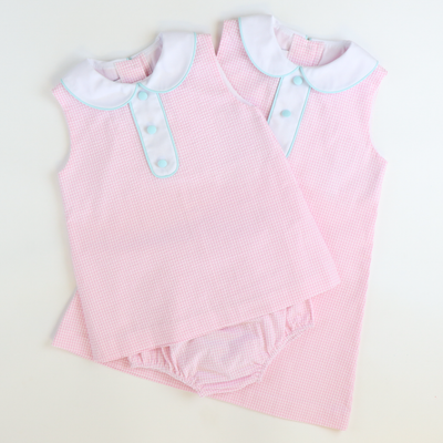 Collared Seersucker Sleeveless Dress - Pink Mini Check