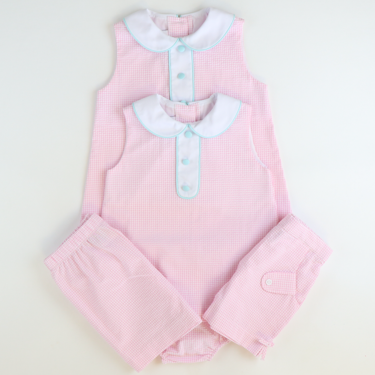 Collared Seersucker Sleeveless Dress - Pink Mini Check