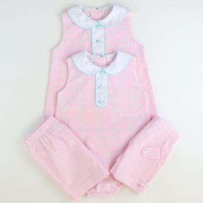 Collared Seersucker Sleeveless Dress - Pink Mini Check