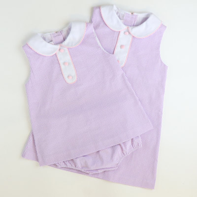 Collared Seersucker Sleeveless Dress - Lavender Mini Check