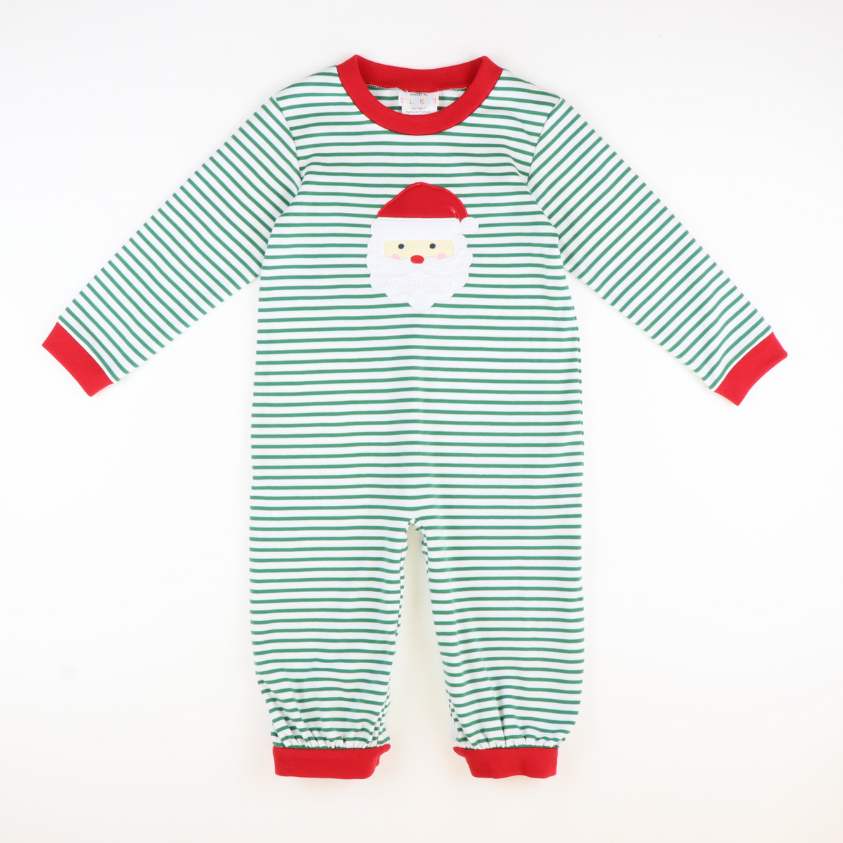 Appliquéd Santa Face Boy Long Bubble - Christmas Green Stripe Knit