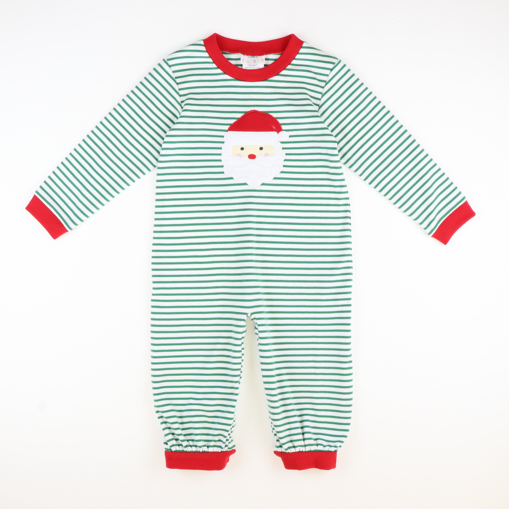 Appliquéd Santa Face Boy Long Bubble - Christmas Green Stripe Knit