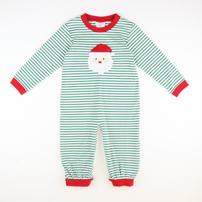 Appliquéd Santa Face Boy Long Bubble - Christmas Green Stripe Knit