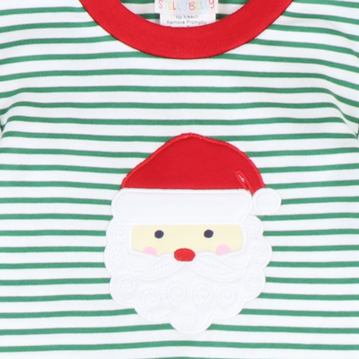 Appliquéd Santa Face Boy Long Bubble - Christmas Green Stripe Knit