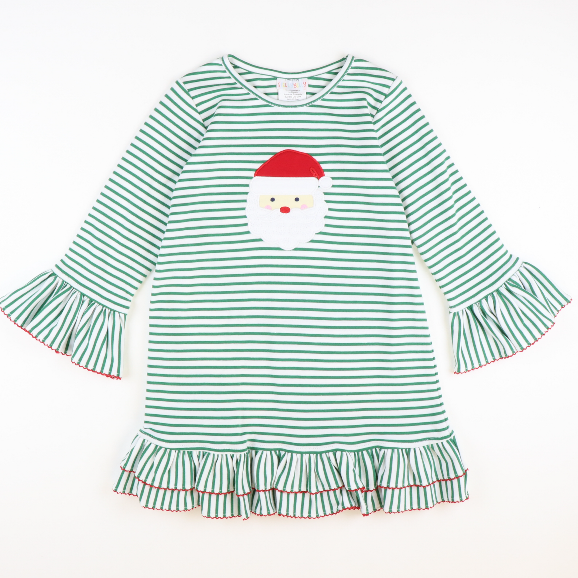 Appliquéd Santa Face Knit Ruffle Dress - Christmas Green Stripe