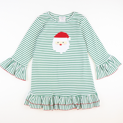 Appliquéd Santa Face Knit Ruffle Dress - Christmas Green Stripe