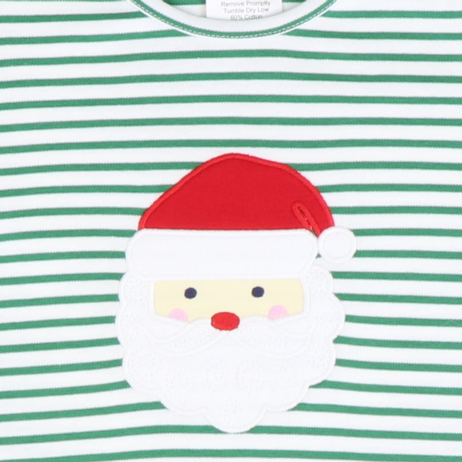 Appliquéd Santa Face Ruffle Top - Christmas Green Stripe Knit