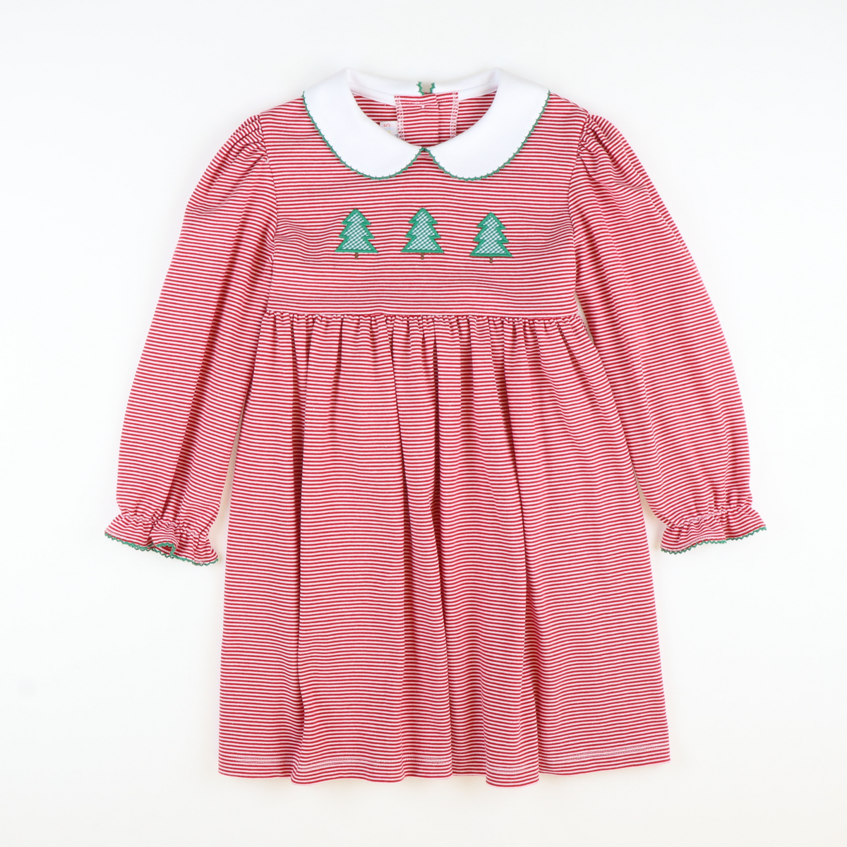 Appliquéd Christmas Trees Collared Dress - Red Stripe Knit