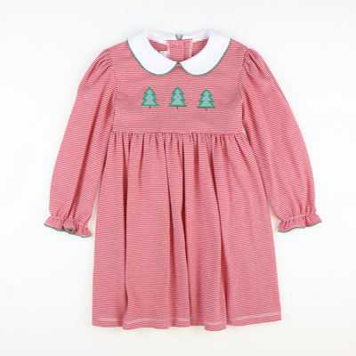 Appliquéd Christmas Trees Collared Dress - Red Stripe Knit