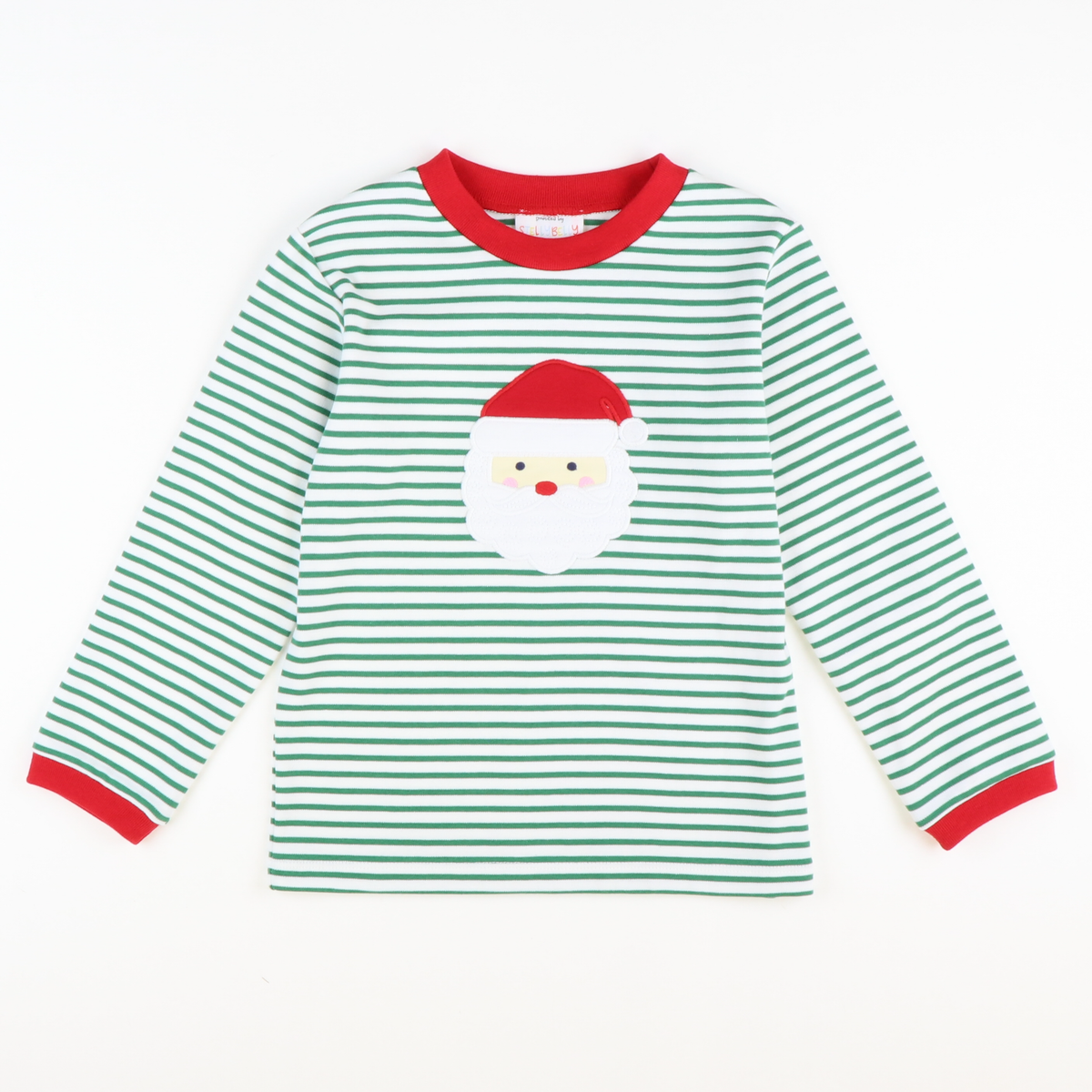 Appliquéd Santa Face Long Sleeve Shirt - Christmas Green Stripe Knit