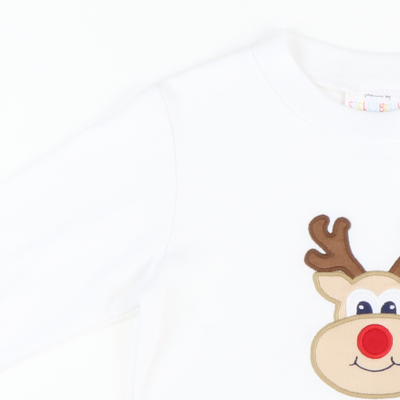 Appliquéd Reindeer Ruffle Top - White Knit