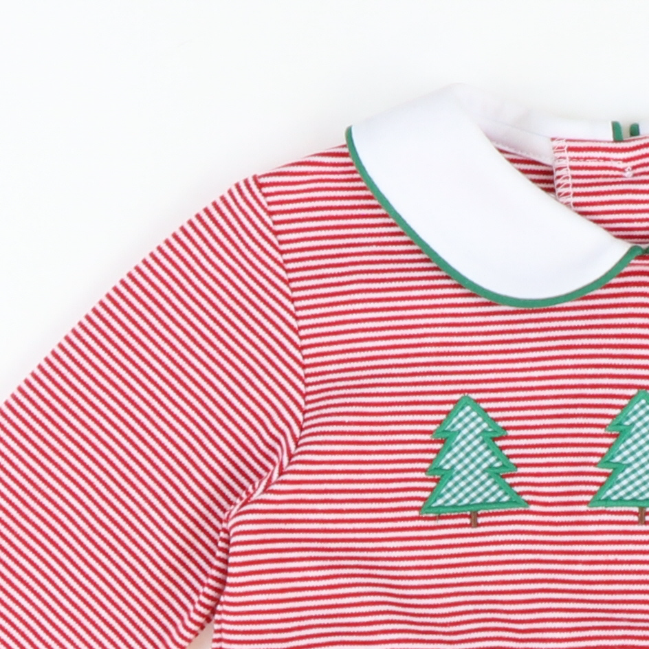 Appliquéd Christmas Trees Collared Dress - Red Stripe Knit