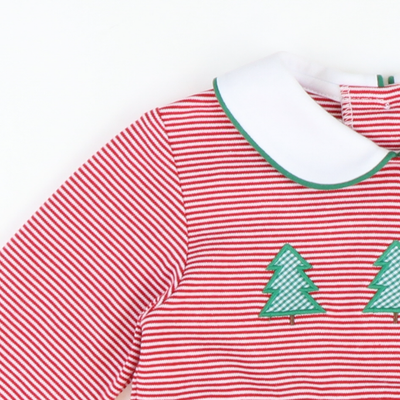 Appliquéd Christmas Trees Girl Bubble - Red Stripe Knit