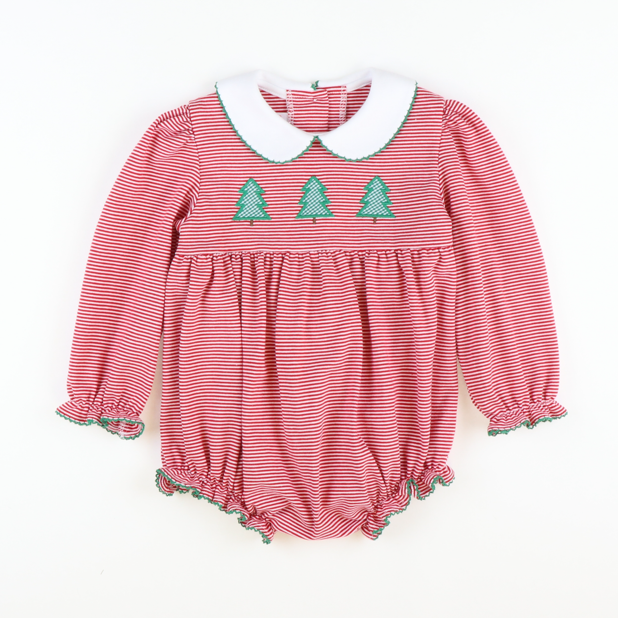 Appliquéd Christmas Trees Girl Bubble - Red Stripe Knit