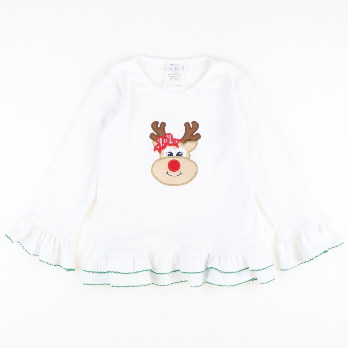Appliquéd Reindeer Ruffle Top - White Knit