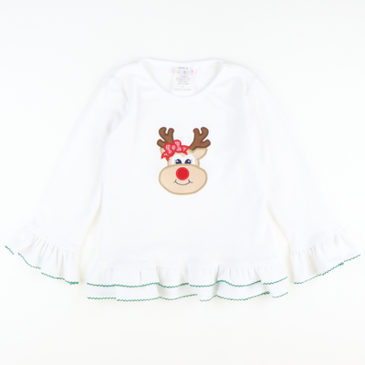 Appliquéd Reindeer Ruffle Top - White Knit
