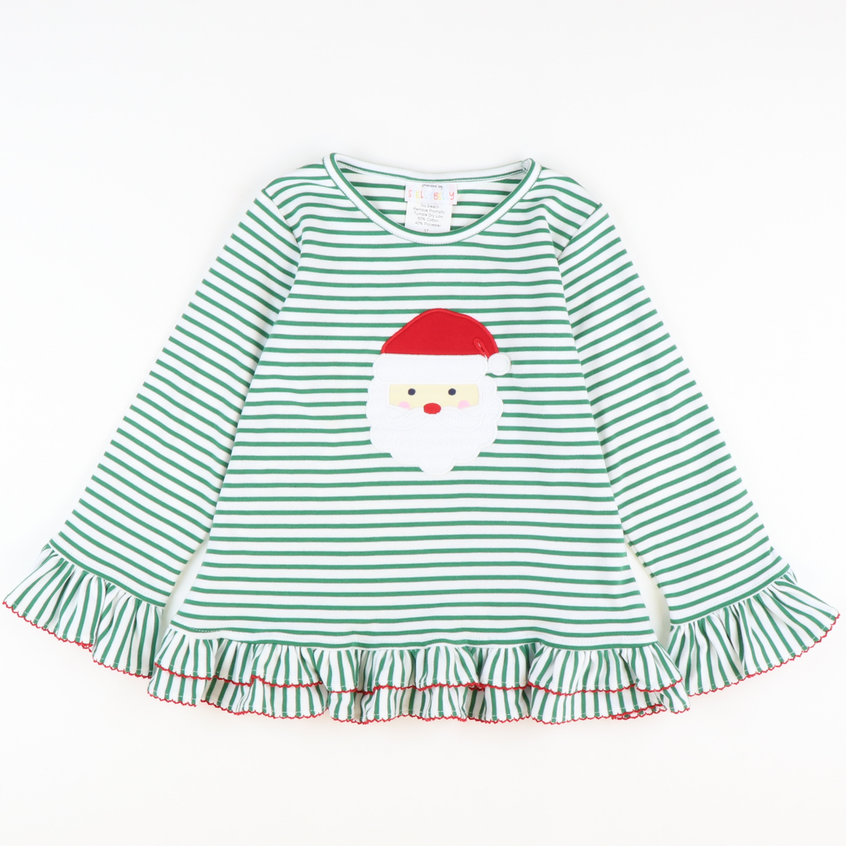 Appliquéd Santa Face Ruffle Top - Christmas Green Stripe Knit