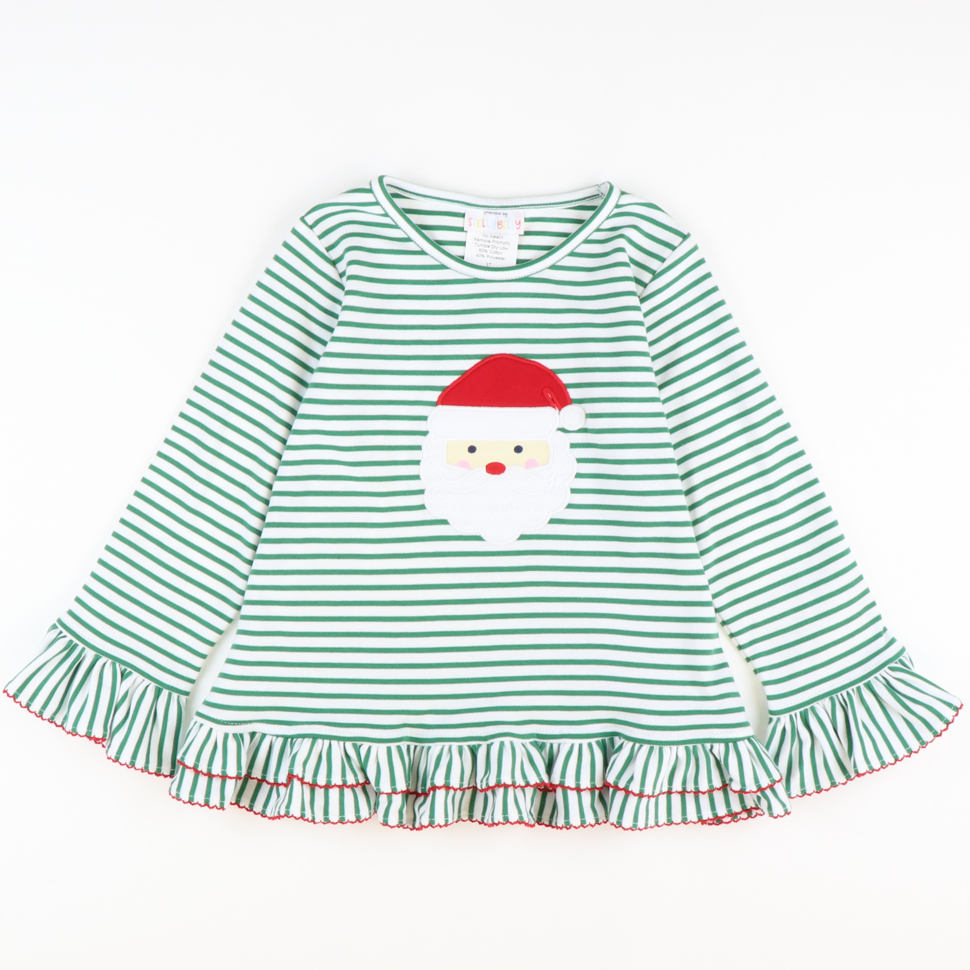 Appliquéd Santa Face Ruffle Top - Christmas Green Stripe Knit