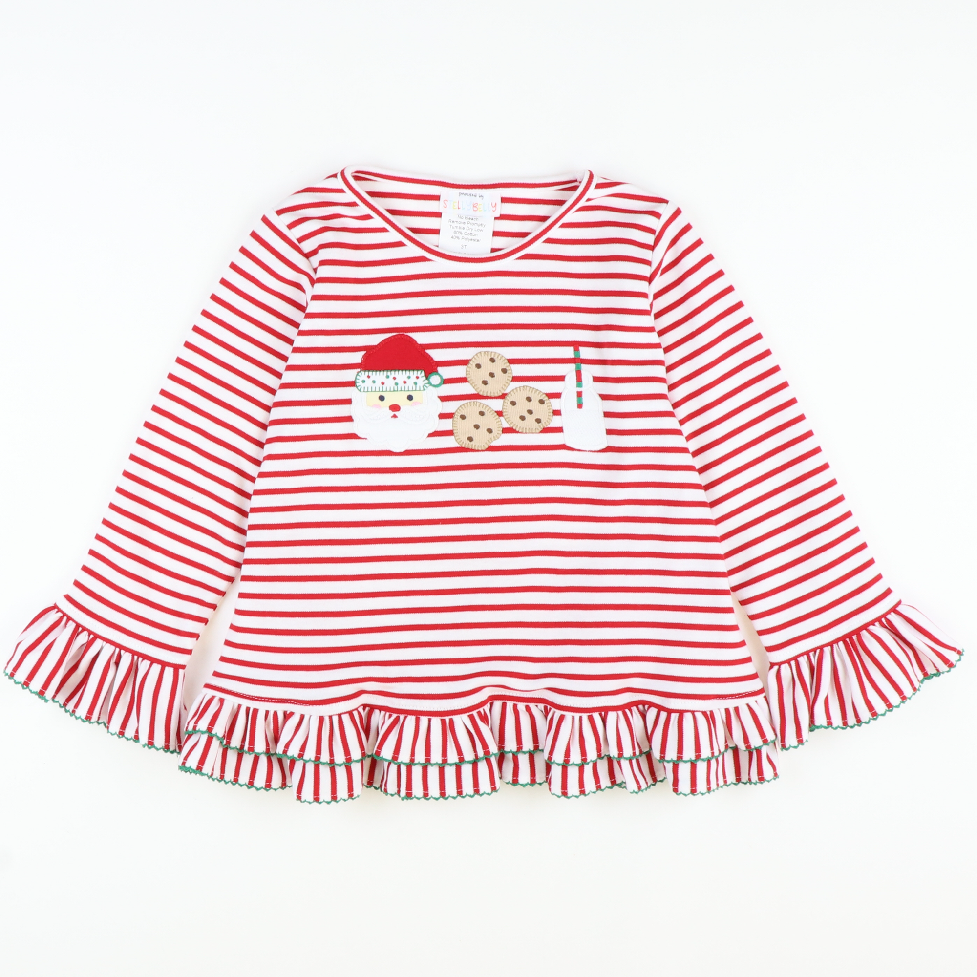 Appliquéd Christmas Eve Ruffle Top - Red Stripe Knit